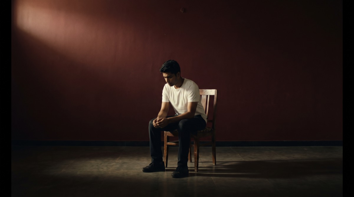 A student sitting alone in a dark room